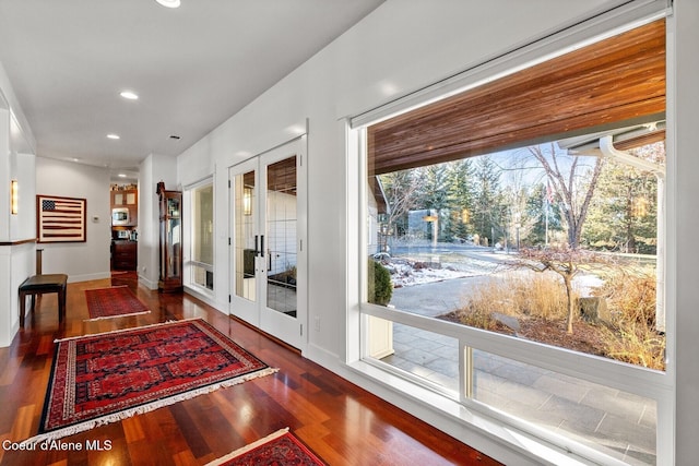 5006 S Brentwood Ln, Coeur Dalene, ID 83814 - doorway to outside featuring dark wood-style floors, recessed lighting, baseboards, and french doors