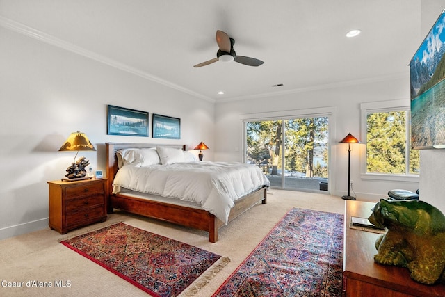 5006 S Brentwood Ln, Coeur Dalene, ID 83814 - bedroom with baseboards, a ceiling fan, light colored carpet, ornamental molding, and access to exterior