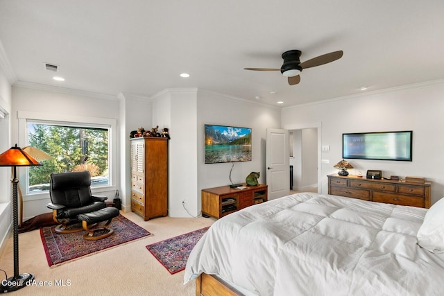 5006 S Brentwood Ln, Coeur Dalene, ID 83814 - bedroom featuring ceiling fan, recessed lighting, light carpet, visible vents, and ornamental molding