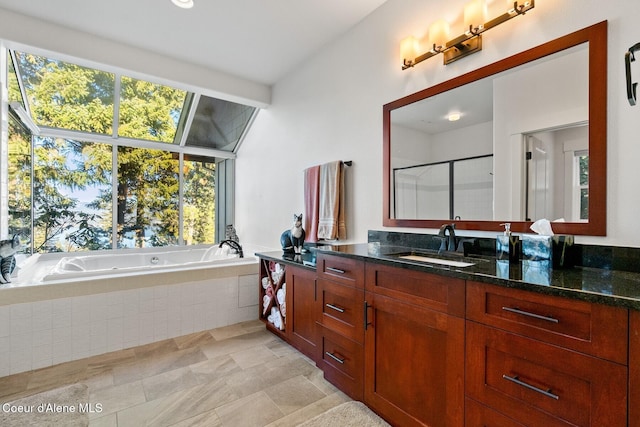 5006 S Brentwood Ln, Coeur Dalene, ID 83814 - full bathroom featuring an enclosed shower, vanity, and a bath