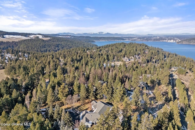 5006 S Brentwood Ln, Coeur Dalene, ID 83814 - birds eye view of property featuring a wooded view and a water and mountain view