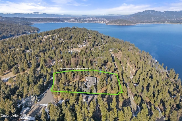 5006 S Brentwood Ln, Coeur Dalene, ID 83814 - bird's eye view featuring a forest view and a water and mountain view