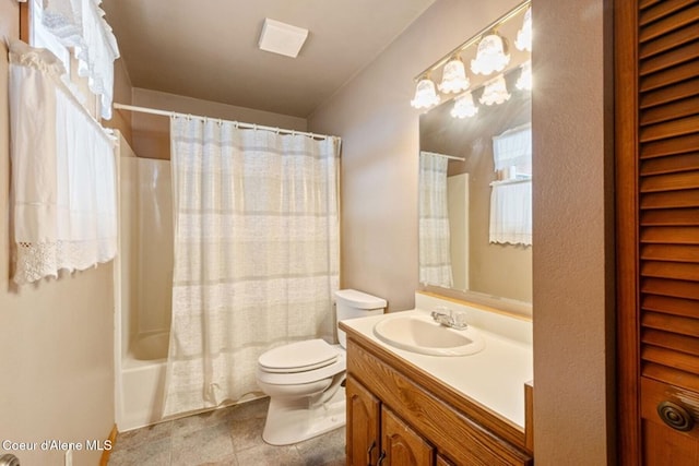 bathroom featuring toilet, shower / tub combo, a closet, and vanity