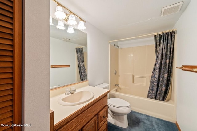 bathroom with shower / tub combo, visible vents, vanity, and toilet