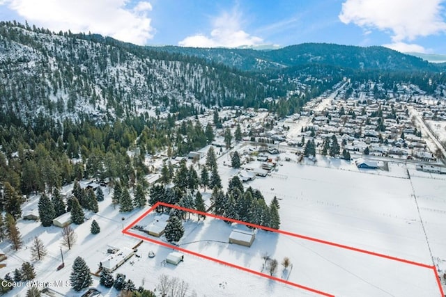 snowy aerial view featuring a mountain view