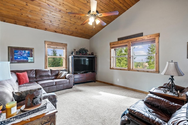 living room featuring ceiling fan, high vaulted ceiling, carpet floors, wood ceiling, and baseboards