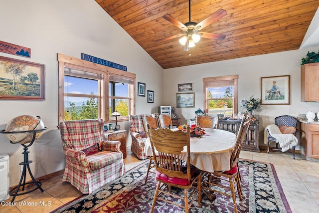 dining space featuring light tile patterned floors, baseboards, a ceiling fan, wood ceiling, and high vaulted ceiling