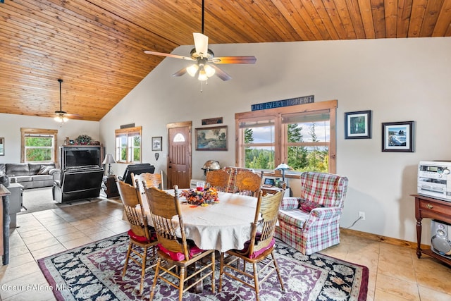 tiled dining room featuring high vaulted ceiling, wood ceiling, baseboards, and a ceiling fan