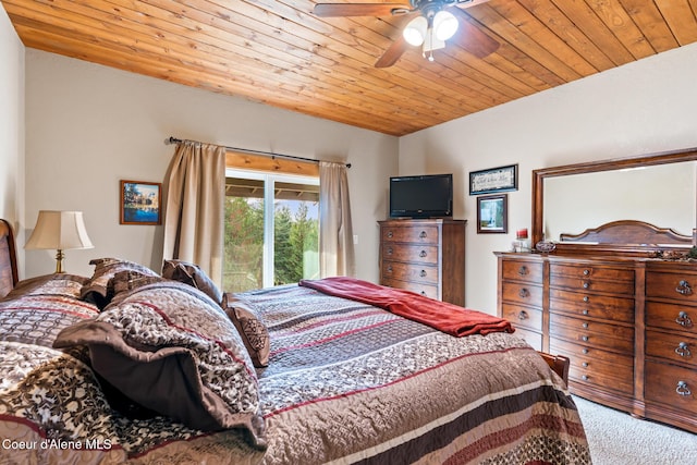 bedroom featuring carpet floors, wood ceiling, and ceiling fan