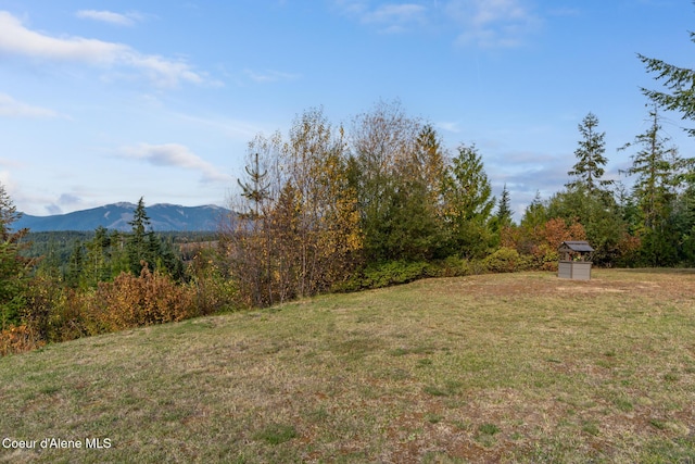 view of yard featuring a forest view and a mountain view