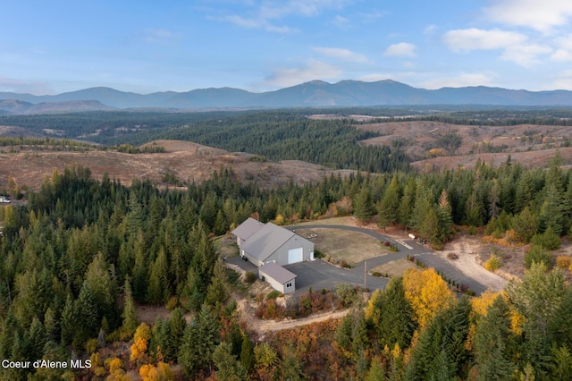 birds eye view of property featuring a mountain view and a wooded view