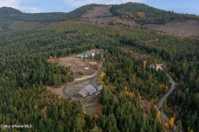 bird's eye view with a mountain view and a view of trees