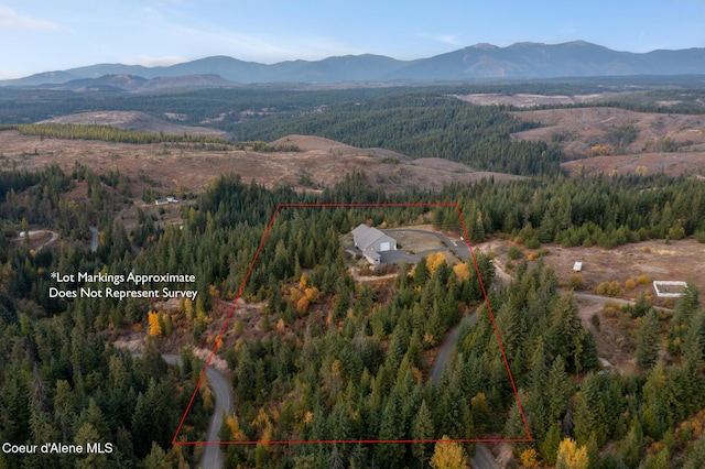 drone / aerial view featuring a mountain view and a wooded view