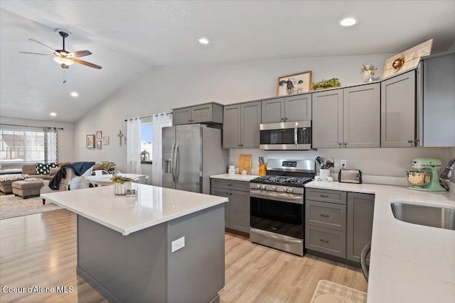 kitchen with light wood finished floors, open floor plan, stainless steel appliances, gray cabinetry, and a sink