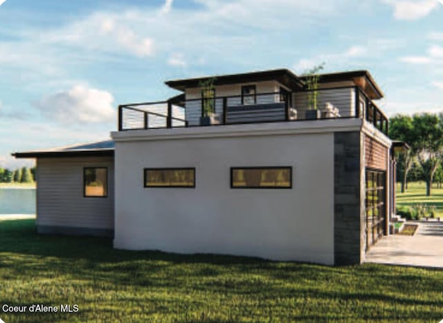 view of property exterior featuring a patio area, a yard, and a balcony