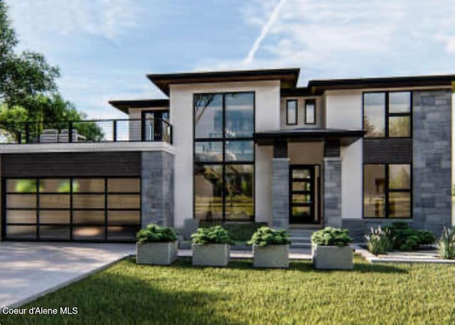 view of front facade with a garage, concrete driveway, stone siding, and a front yard