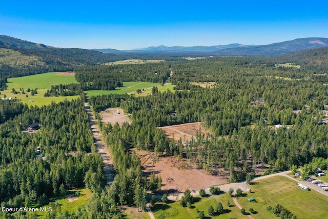 drone / aerial view featuring a mountain view and a wooded view