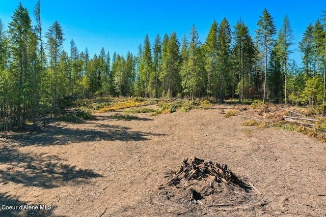 view of landscape featuring a forest view