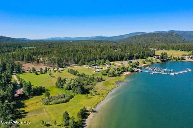 drone / aerial view with a forest view and a water and mountain view