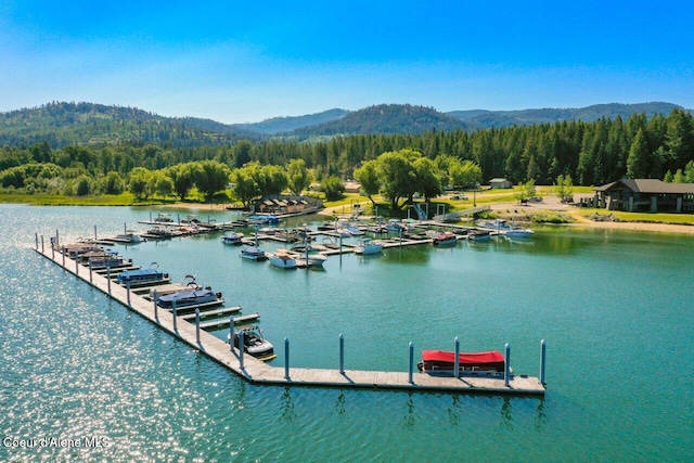 view of dock featuring a view of trees and a water and mountain view