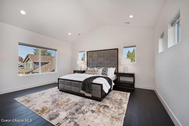 bedroom featuring visible vents, baseboards, lofted ceiling, dark wood-type flooring, and recessed lighting