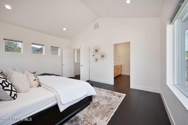 bedroom featuring dark wood-type flooring, recessed lighting, visible vents, and baseboards