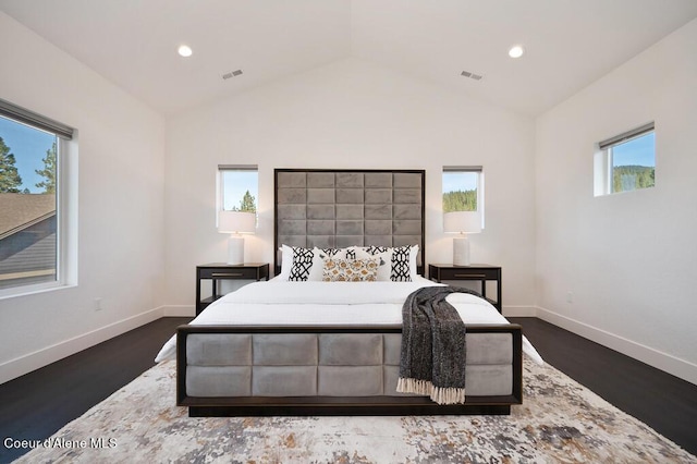 bedroom featuring vaulted ceiling, recessed lighting, dark wood-style floors, and baseboards