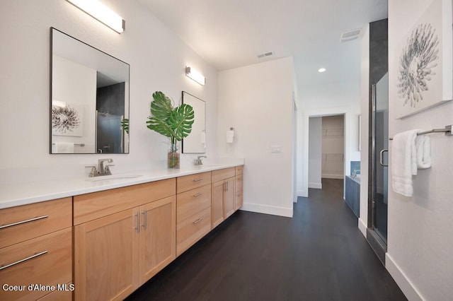 bathroom with visible vents, double vanity, a sink, and a walk in closet