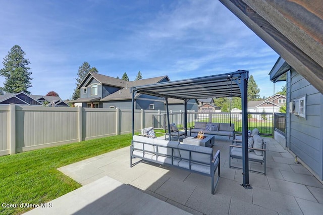 view of patio with a fenced backyard, a residential view, a pergola, and an outdoor living space with a fire pit