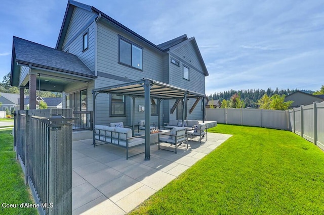 back of property featuring a patio area, a fenced backyard, an outdoor living space, and a yard