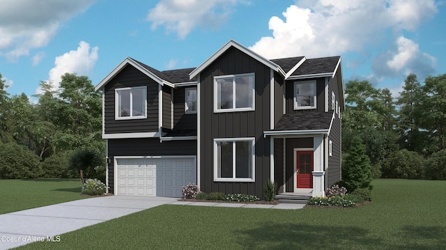 view of front facade with board and batten siding, a front yard, driveway, and an attached garage