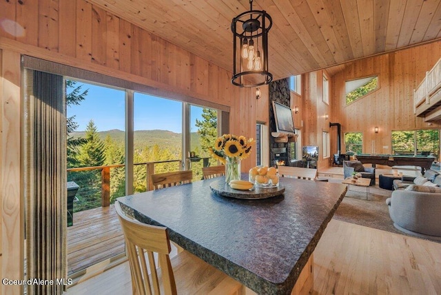 dining area with high vaulted ceiling, wood finished floors, wood ceiling, and wooden walls