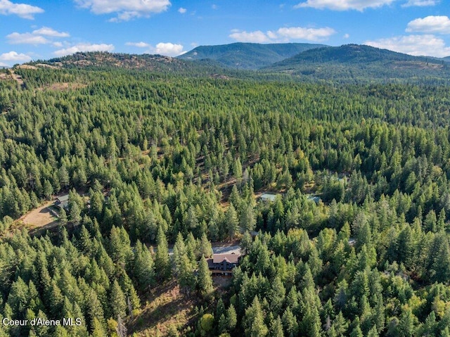 drone / aerial view featuring a mountain view and a wooded view