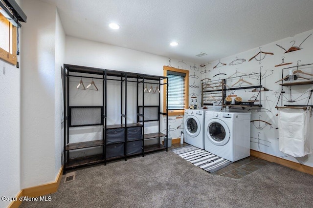 382 Blacktail Rd, Cocolalla, ID 83813 - laundry room with independent washer and dryer, carpet, recessed lighting, and a textured ceiling
