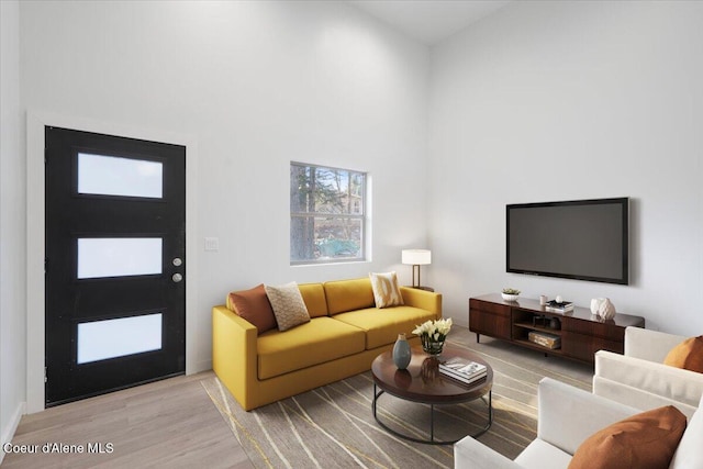 living area with light wood finished floors and a high ceiling