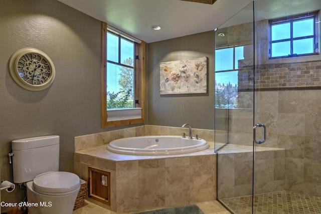 full bath featuring plenty of natural light, a shower stall, toilet, and a bath