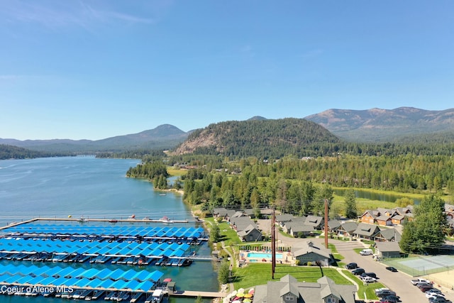 birds eye view of property featuring a water and mountain view and a view of trees