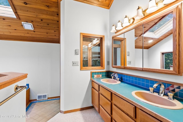 bathroom with wood ceiling, visible vents, and a sink