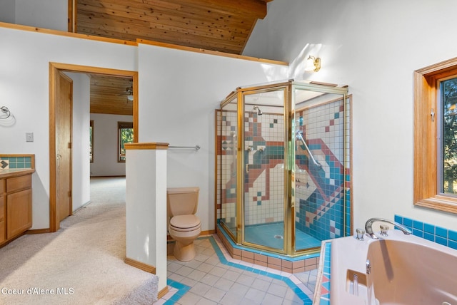 bathroom featuring lofted ceiling, wood ceiling, vanity, and a shower stall