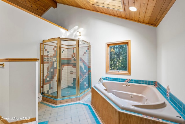 bathroom with toilet, wooden ceiling, a tub with jets, vaulted ceiling, and a shower stall