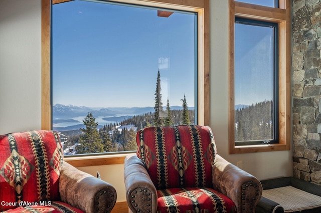 sitting room featuring a mountain view