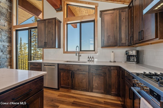 kitchen with range hood, stainless steel appliances, tasteful backsplash, lofted ceiling with beams, and a sink