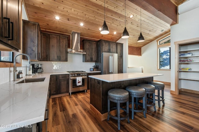 kitchen with premium appliances, wood ceiling, a kitchen island, a sink, and exhaust hood