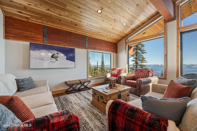 living room featuring vaulted ceiling with beams, wooden ceiling, and wood finished floors