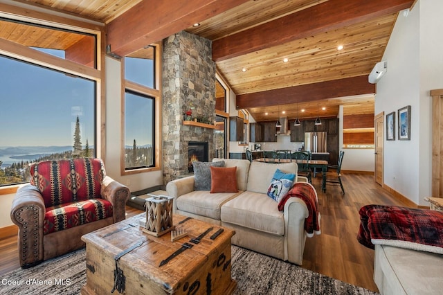 living room with beam ceiling, wood finished floors, high vaulted ceiling, wooden ceiling, and baseboards