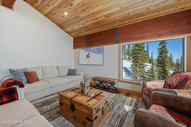 living room with wooden ceiling, vaulted ceiling, and wood finished floors