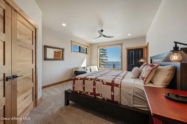 bedroom with carpet floors, recessed lighting, a ceiling fan, and baseboards