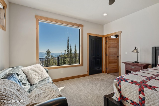 bedroom featuring carpet, baseboards, and recessed lighting