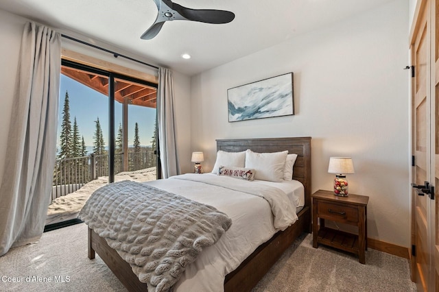 bedroom with baseboards, ceiling fan, access to exterior, carpet floors, and recessed lighting