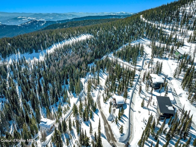 snowy aerial view with a mountain view